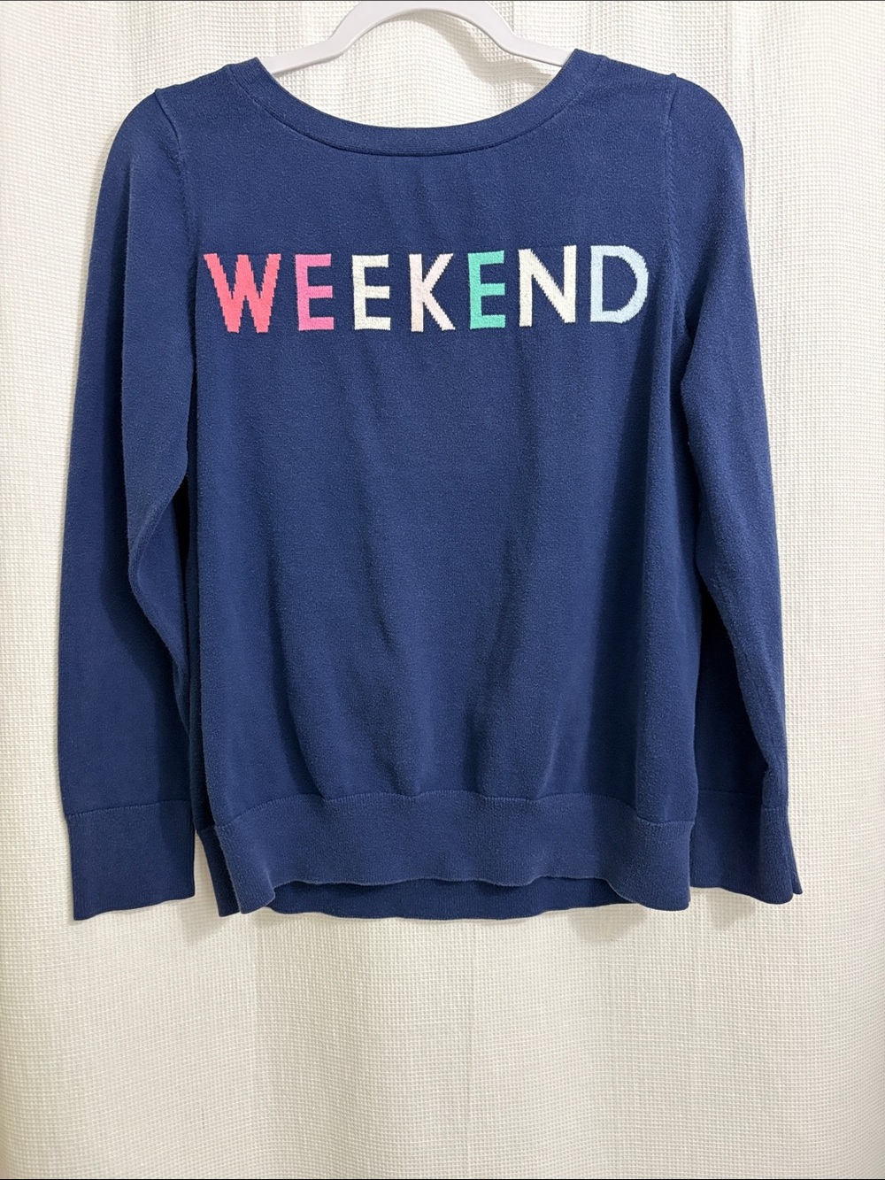 GAP Factory Navy Crewneck Sweater with Multicolor WEEKEND Graphic - Size L
